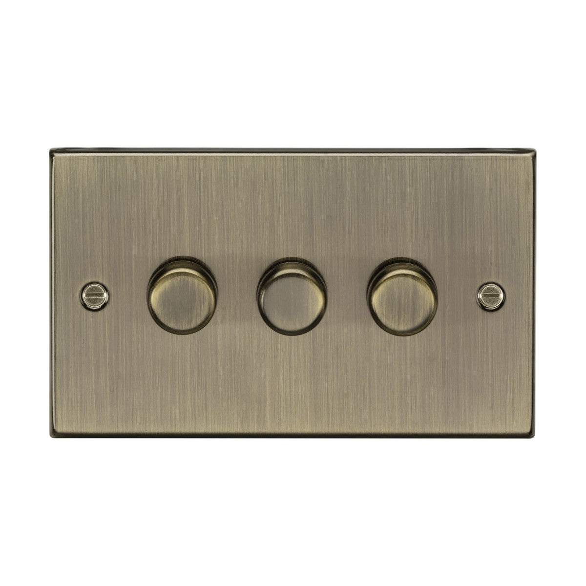 The 3 Gang 2-Way 10-200W (5-150W LED) Intelligent Dimmer in antique brass features three round knobs and a rectangular faceplate—an elegant metal dimmer switch with rotary action, perfect for the modern home.