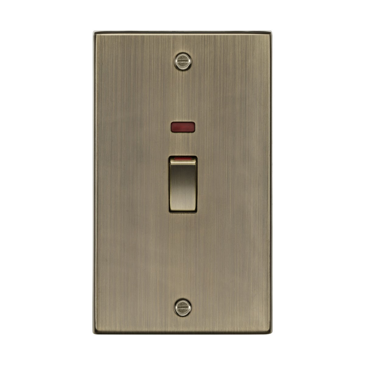 The 45A DP Switch Neon in antique brass is a rectangular plate with a toggle switch and a small neon indicator above it. It resembles those used in cooker control units, with the plate secured by two screws at the top and bottom.