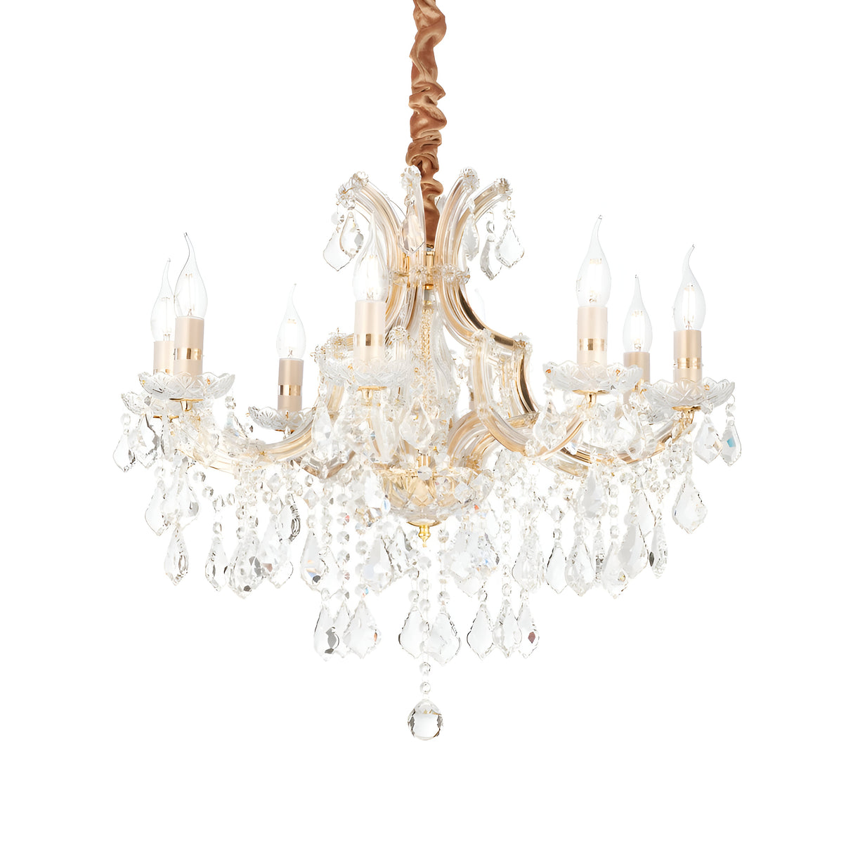 The Grove Crystal 8 Light Chandelier - Gold stylishly dangles from the ceiling, featuring eight candle-shaped bulbs and elaborate glass accents. This exquisite lighting fixture dazzles with complex crystal pendants and a lavishly golden frame, serving as a magnificent centerpiece.