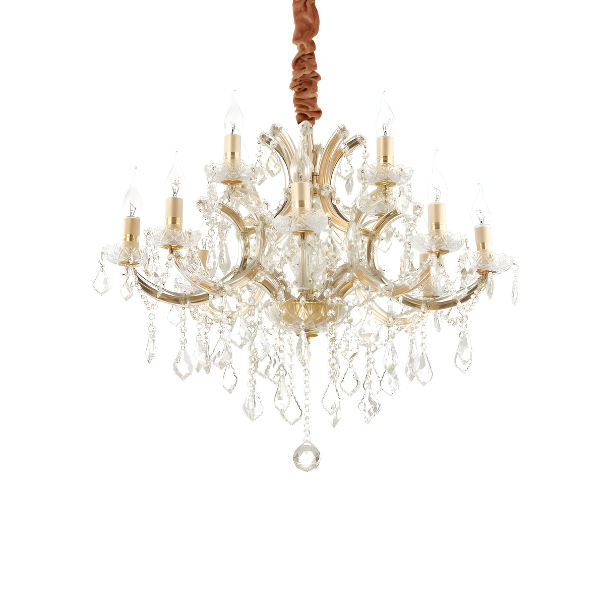 The Grove Crystal 12 Light Chandelier - Gold, featuring multiple arms and adorned with sparkling crystal decorations, elegantly hangs from the ceiling with a brown fabric-wrapped chain.