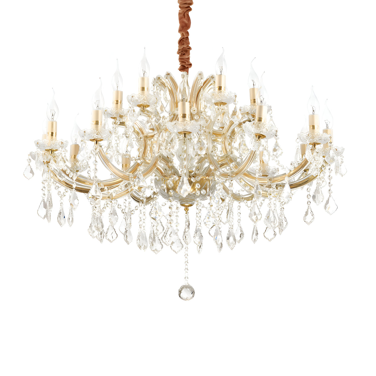 The Grove Crystal 18 Light Chandelier - Gold exudes luxury with its elegant design, featuring eighteen candle-like lights and ornate gold accents. Its numerous hanging crystal droplets create a sumptuous appearance against a plain white background.