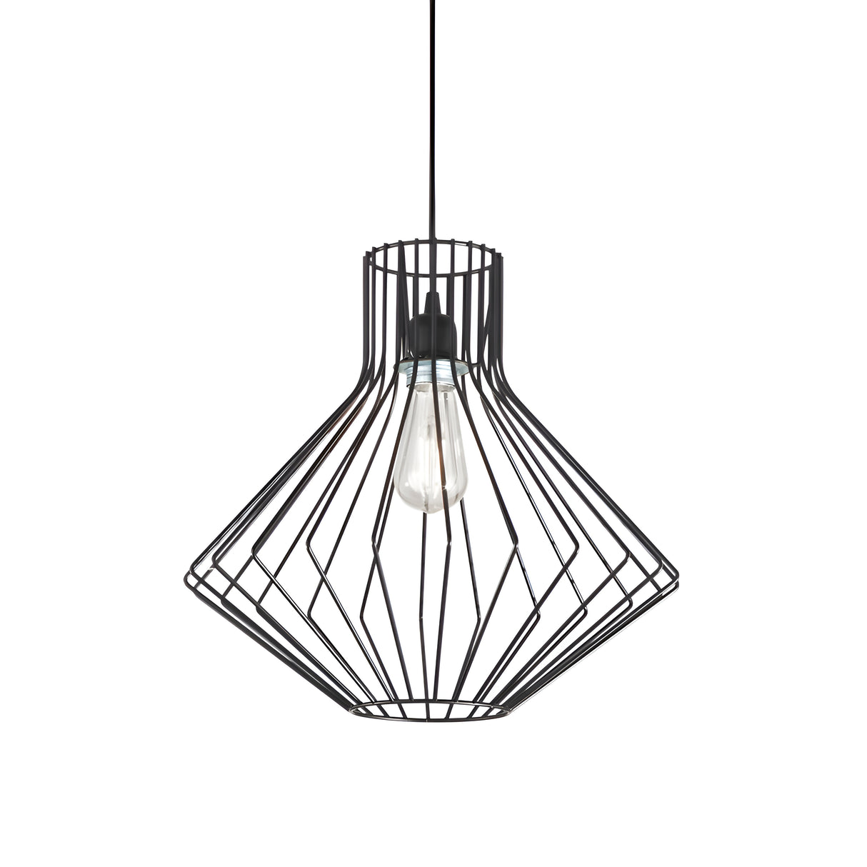 The Tone-4 1 Light Pendant - Black showcases a contemporary geometric design that elegantly encases an exposed bulb, suspended from an adjustable-length cable against a pristine white background.