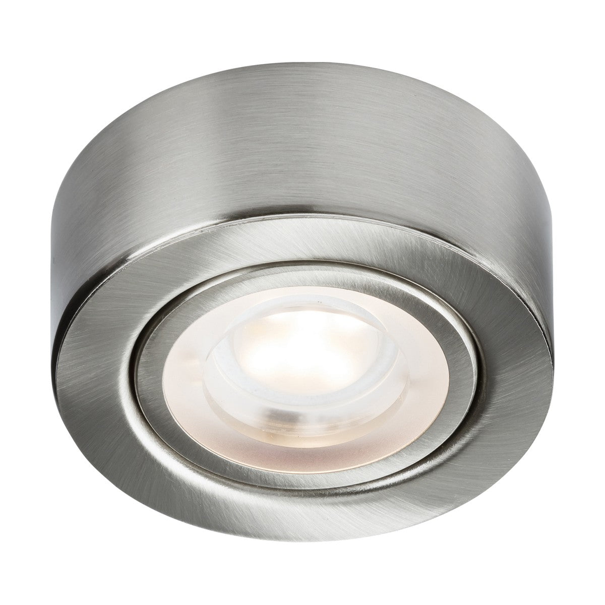 The 2W CCT LED Under Cabinet Light in brushed chrome features a round, brushed metal design with a frosted glass cover that houses an LED bulb. It provides modern indoor LED lighting and is designed for versatility with adjustable CCT to complement any ambiance.