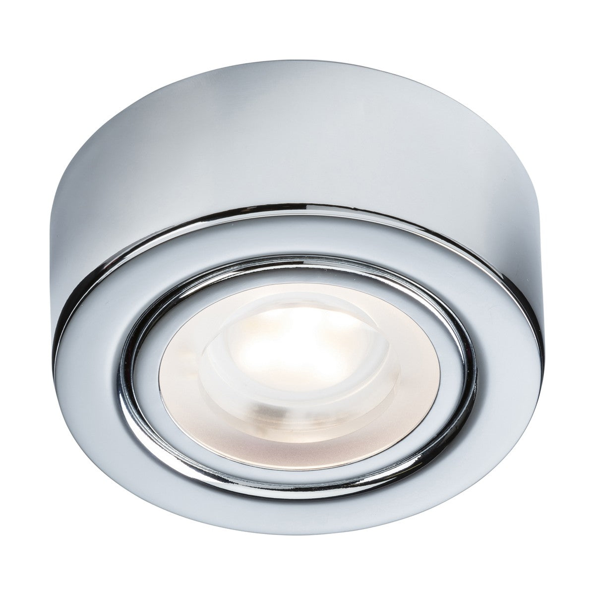 Close-up of a sleek, modern chrome recessed ceiling light fixture featuring adjustable CCT technology. It boasts a round design and bright LED lighting at the center, known as the 2W CCT LED Under Cabinet Light - Chrome.