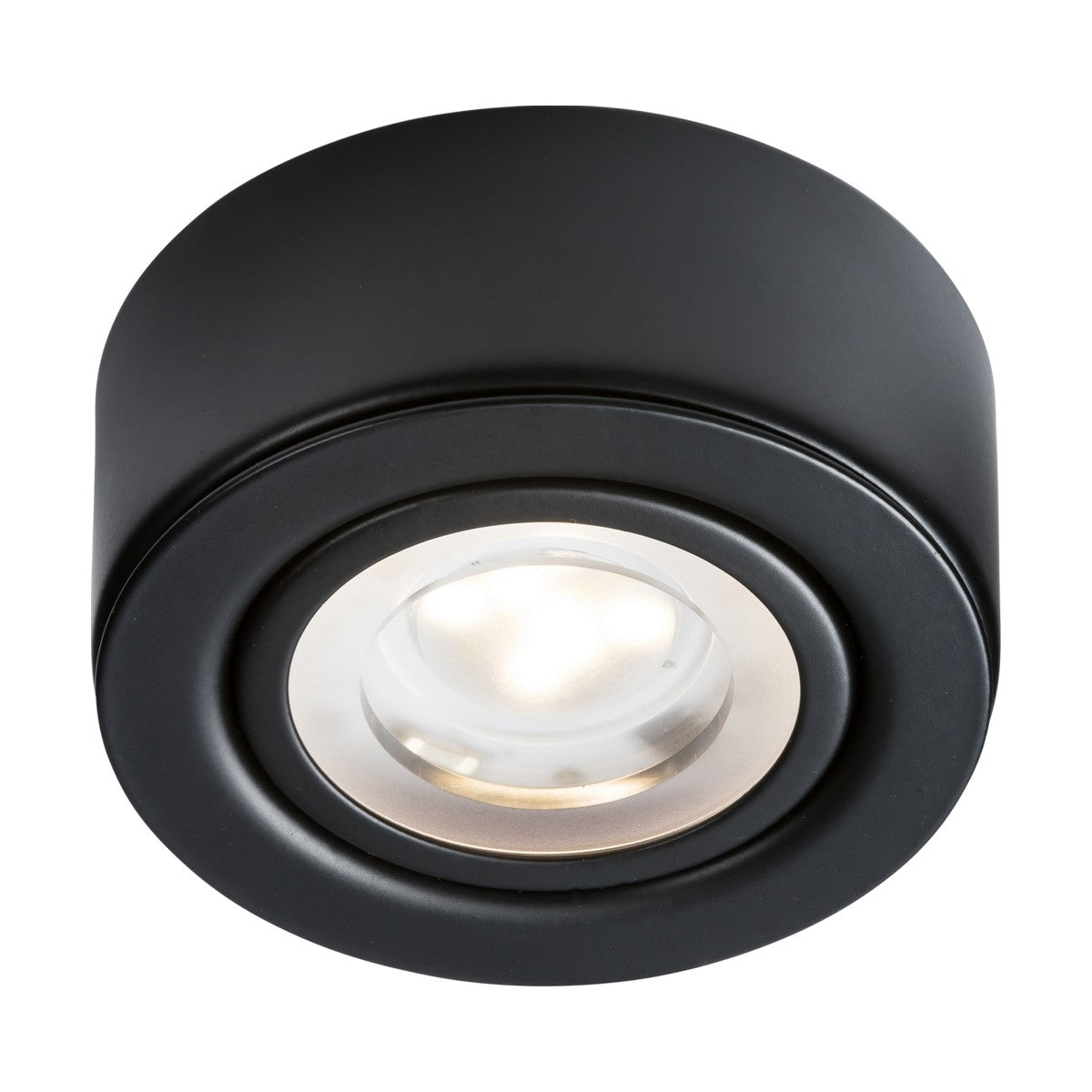 A sleek, black ceiling light fixture with a gentle LED glow, designed for flat surface installation. This modern and minimalist piece is the 2W CCT LED Under Cabinet Light in Matt Black, featuring adjustable correlated color temperature (CCT) for adaptability in different interior settings.