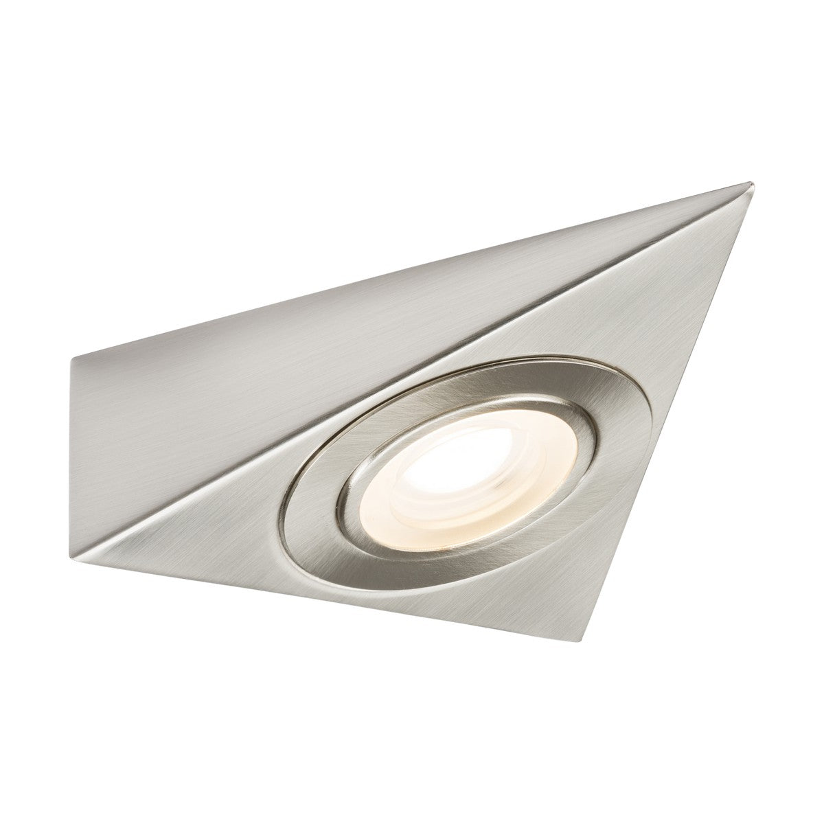 Introducing the 2W CCT LED Triangular Under Cabinet Light in Brushed Chrome, featuring a circular LED light at its core. This sleek fixture showcases an angular, modern design that perfectly complements contemporary decor. Its adjustable CCT allows for customizable lighting to suit any environment.