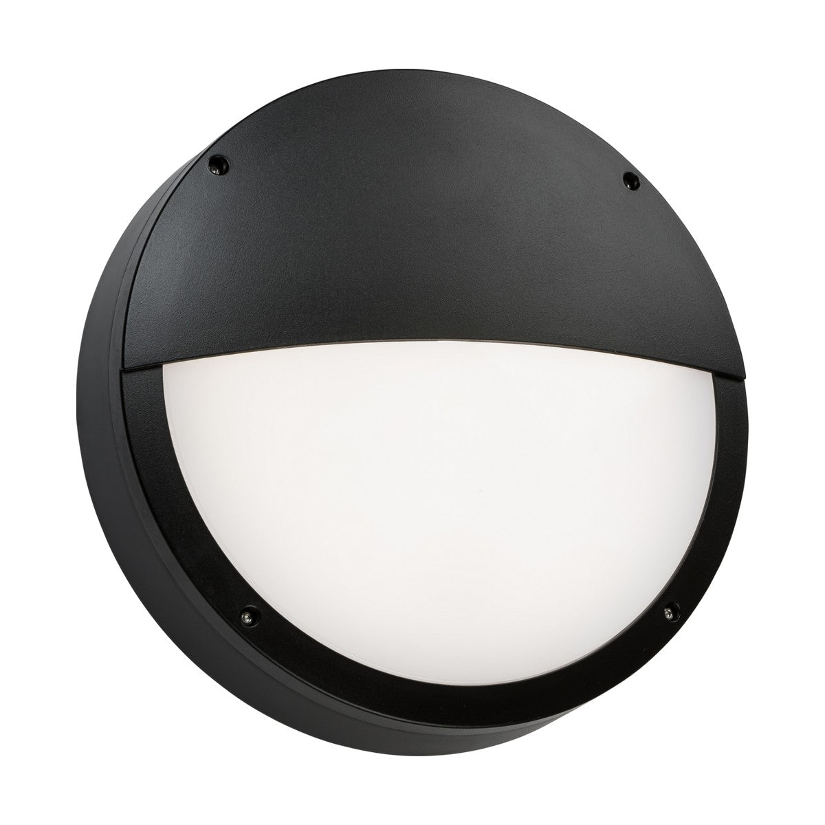 The Tenax Pro Anti-Vandal Eyelid Bulkhead Casing in black is a circular outdoor wall light featuring a dome shape and frosted white diffuser, ideal for illuminating exterior spaces. It boasts an IP66 weatherproof design with a solid black cover on the top half, giving it a semi-circle appearance, and is secured by four visible screws.