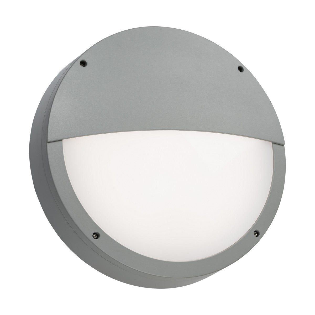 The Tenax Pro Anti-Vandal Eyelid Bulkhead Casing in gray features a sleek half-moon design with a UV-stabilized polycarbonate body. This round outdoor wall light showcases a minimalist look with a white frosted cover encased in a metallic frame, secured by four screws, and offers an IP66 weatherproof rating for enhanced durability.