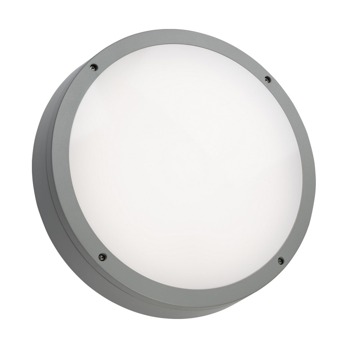 The Tenax Pro Anti-Vandal Bulkhead Casing - Grey is a round, wall-mounted LED light fixture designed with a matte gray frame and a white diffused cover. Suitable for both indoor and outdoor use, it features an IP66 weatherproof rating and UV-stabilised polycarbonate construction, ensuring durability in diverse conditions.