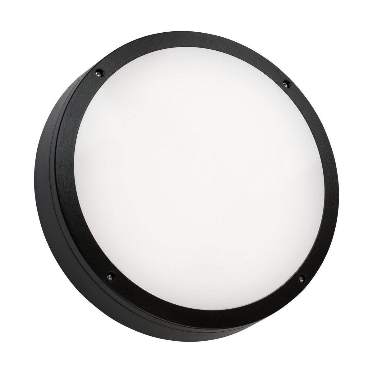Introducing the Tenax Pro Anti-Vandal Bulkhead Casing in black, a round light fixture featuring a white frosted glass cover and a minimalist design. Crafted from durable polycarbonate material, it boasts IP66 weatherproof certification, making it perfect for both indoor and outdoor use.
