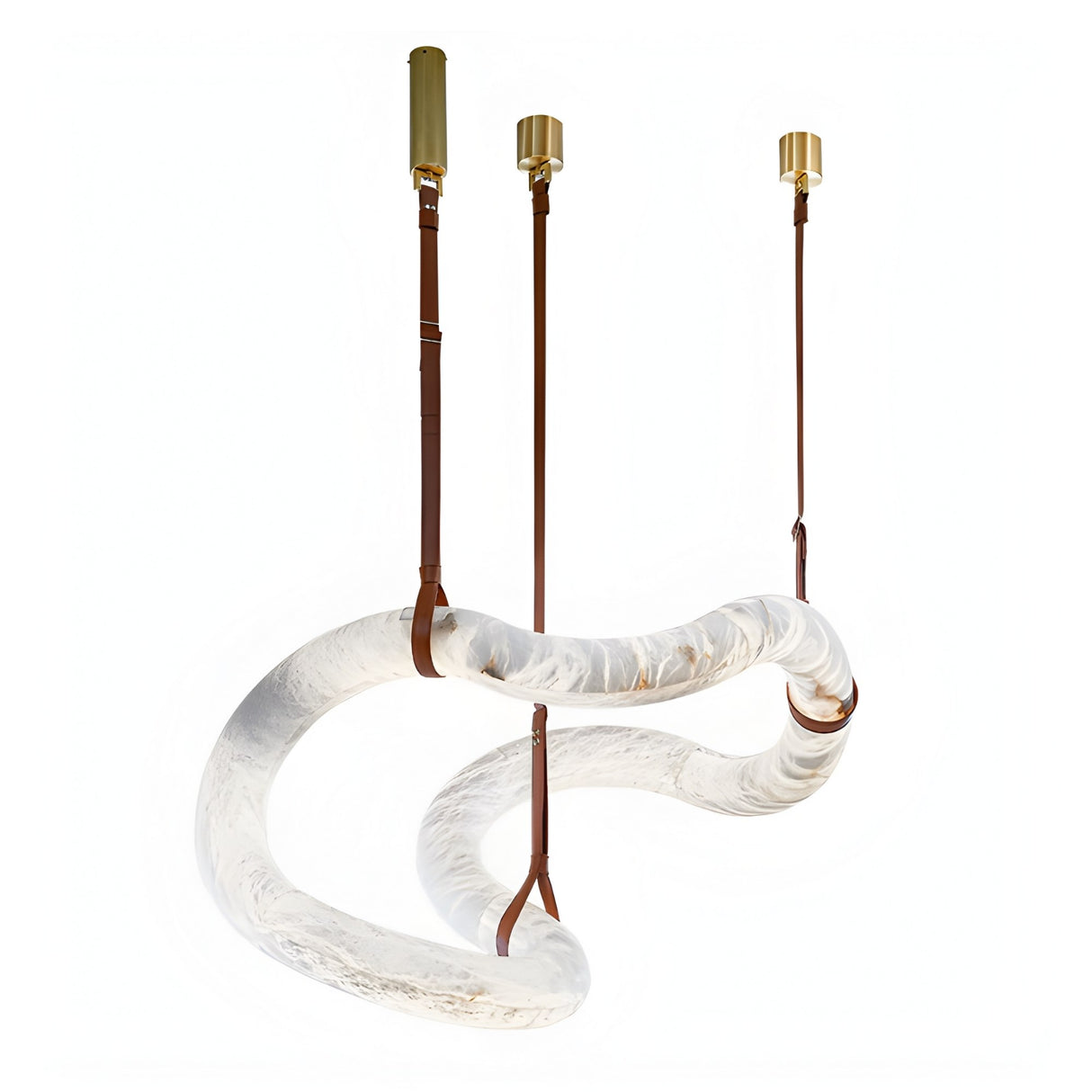 The Serava LED Large Alabaster Asymmetric Suspension Light in Brown & Soft White features a twisted translucent tube, gold fixtures, and leather straps—an elegant modern chandelier that showcases organic Spanish alabaster.