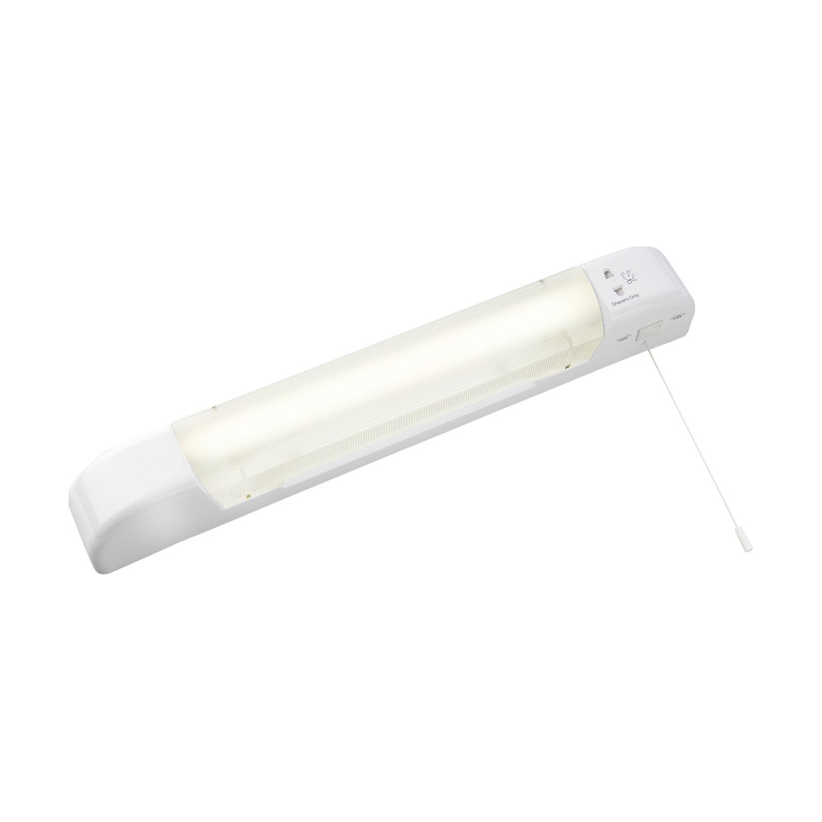 The LED Shaver Light With Dual Voltage Socket is a rectangular, white fixture with a pull-cord switch on the right side. It features warm white LEDs with a translucent cover that reveals the fluorescent tube inside and can be mounted on either the ceiling or the wall for added versatility.