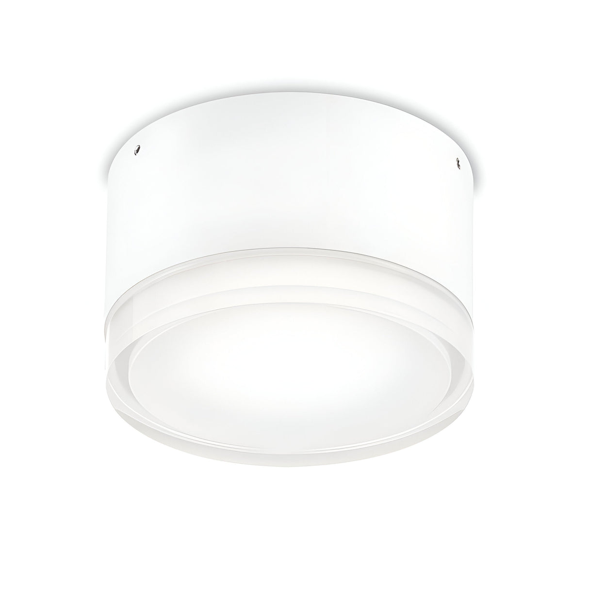 A contemporary, white, cylindrical ceiling light fixture with a sleek matte finish is shown from below against a simple white background. The Aura Small Flush Wall & Ceiling Light - Matte White boasts an elegant design and offers dimmable features for perfect ambiance in any environment.