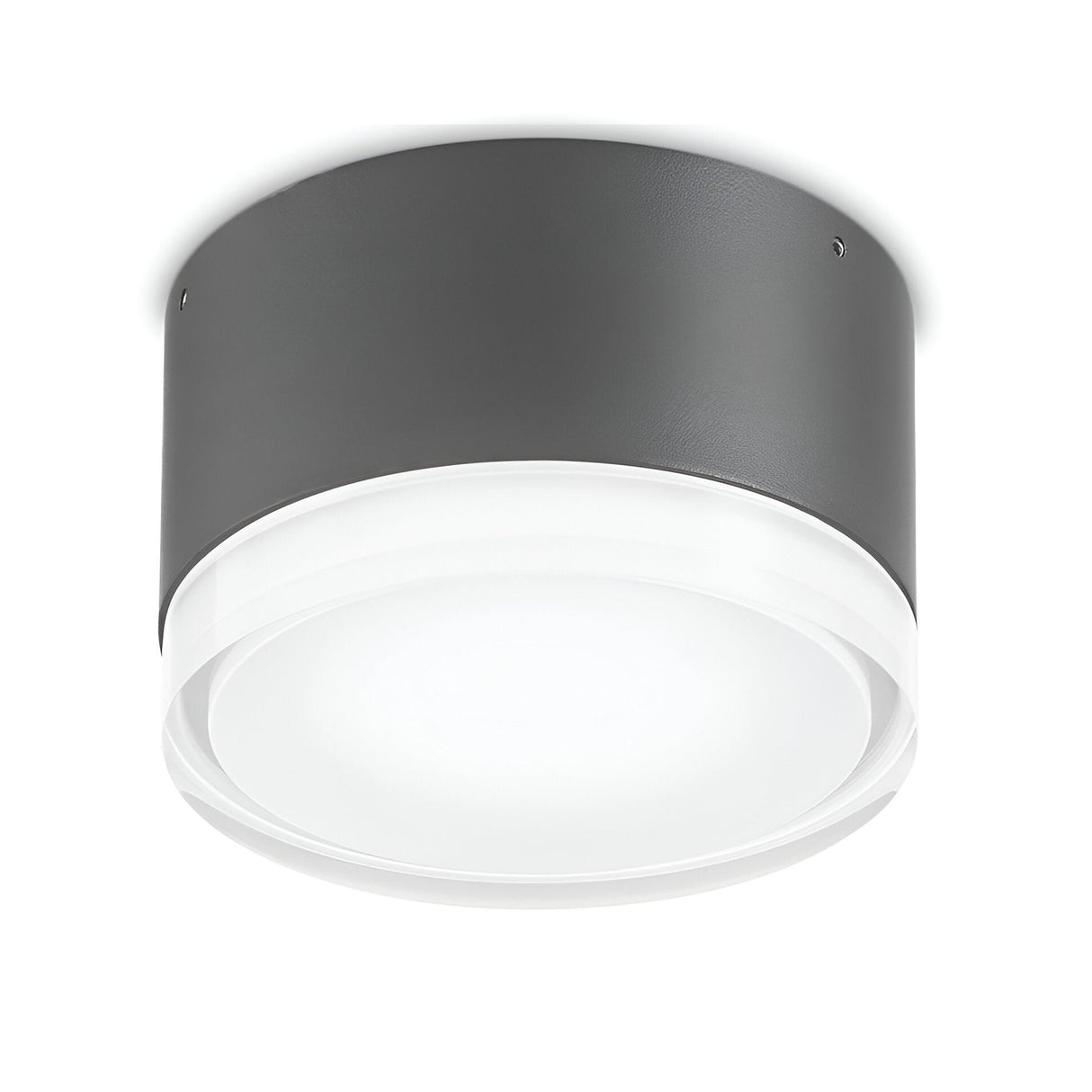 The Aura Small Flush Wall & Ceiling Light - White showcases a cylindrical metal housing with a wide frosted glass diffuser for even light distribution. It comes in a matte white finish and supports a dimmable GX53 bulb, making it ideal for setting the perfect ambiance in any room.