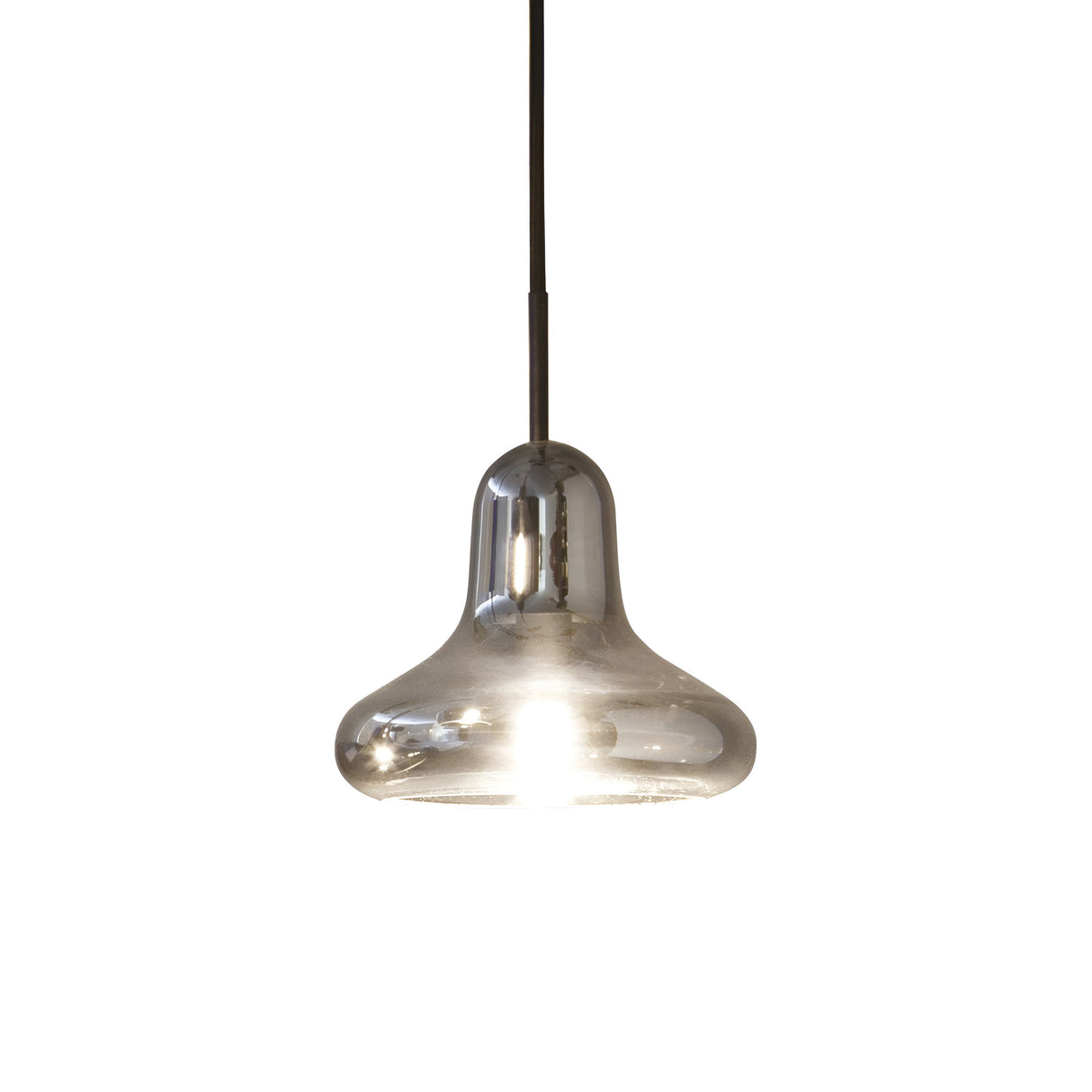 The Terra-1 1 Light Glass Pendant - Black features a glossy silver, bell-shaped shade and a smoked glass diffuser, suspended by a sleek black cord. It emits a bright glow from the bottom that highlights its reflective surface.