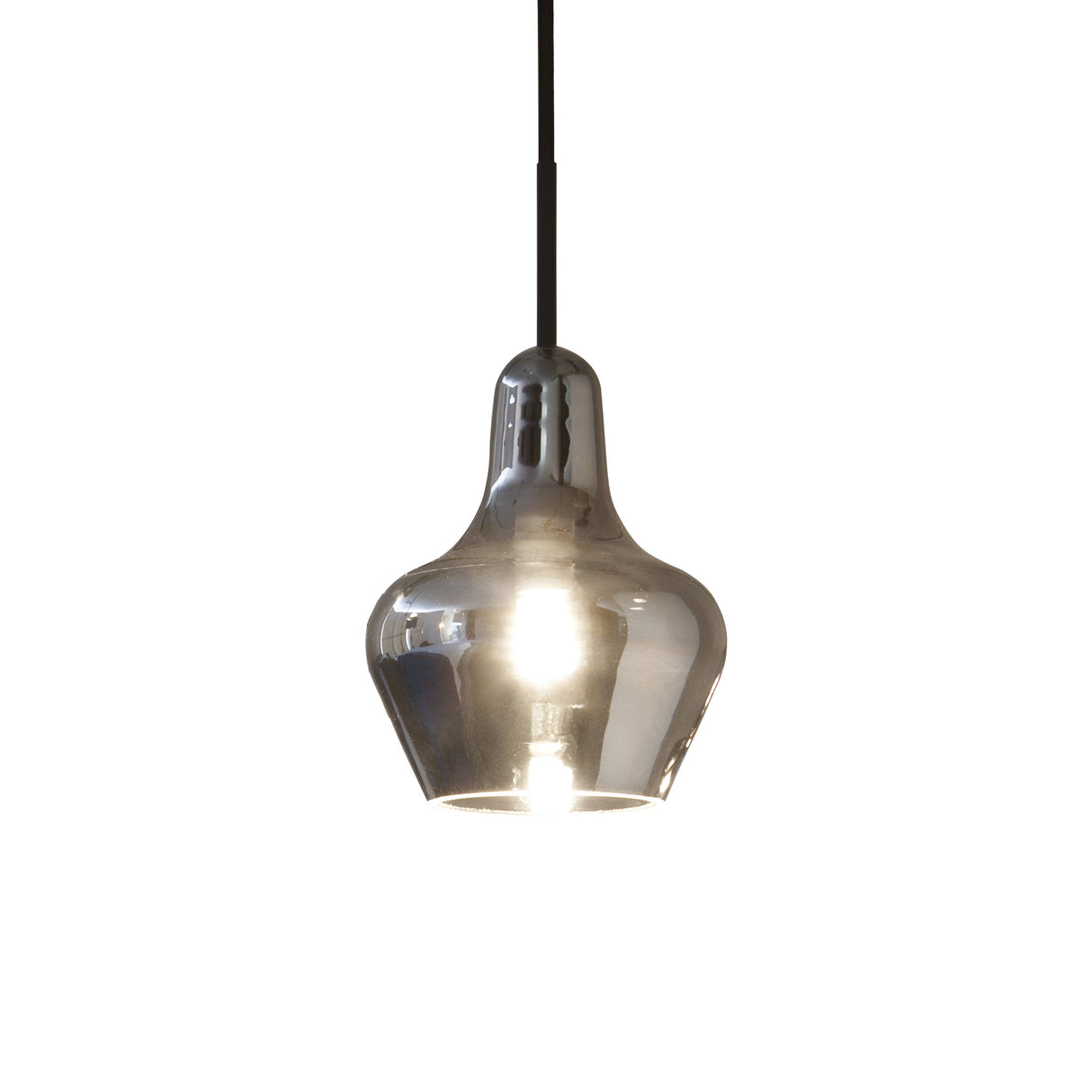 Introducing the Terra-2 1 Light Glass Pendant in Black, a modern lighting masterpiece. This pendant light features a shiny metallic finish and hangs elegantly from a black cord. Its smooth, rounded glass design narrows at the top, and when illuminated, the smoked glass casts a captivating glow.