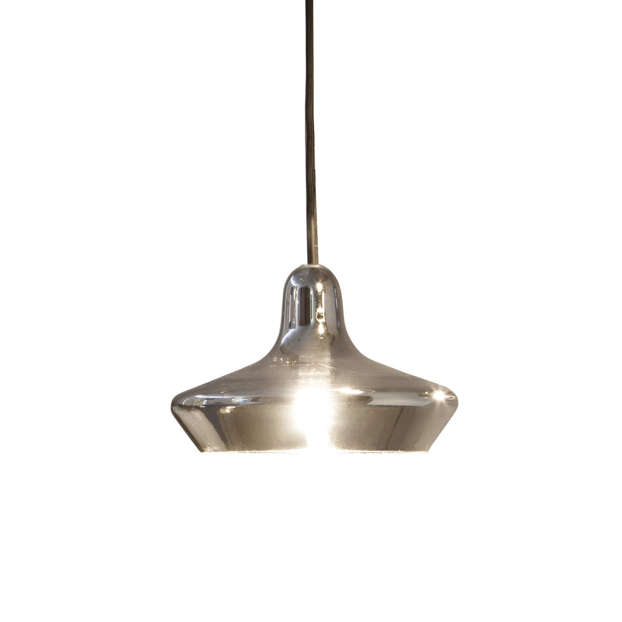 A sleek Terra-3 pendant from the 1 Light Glass series in black dangles from a slender cord against a white backdrop, showcasing contemporary lighting with its elegant design. The pendant is illuminated, casting a warm glow downward.