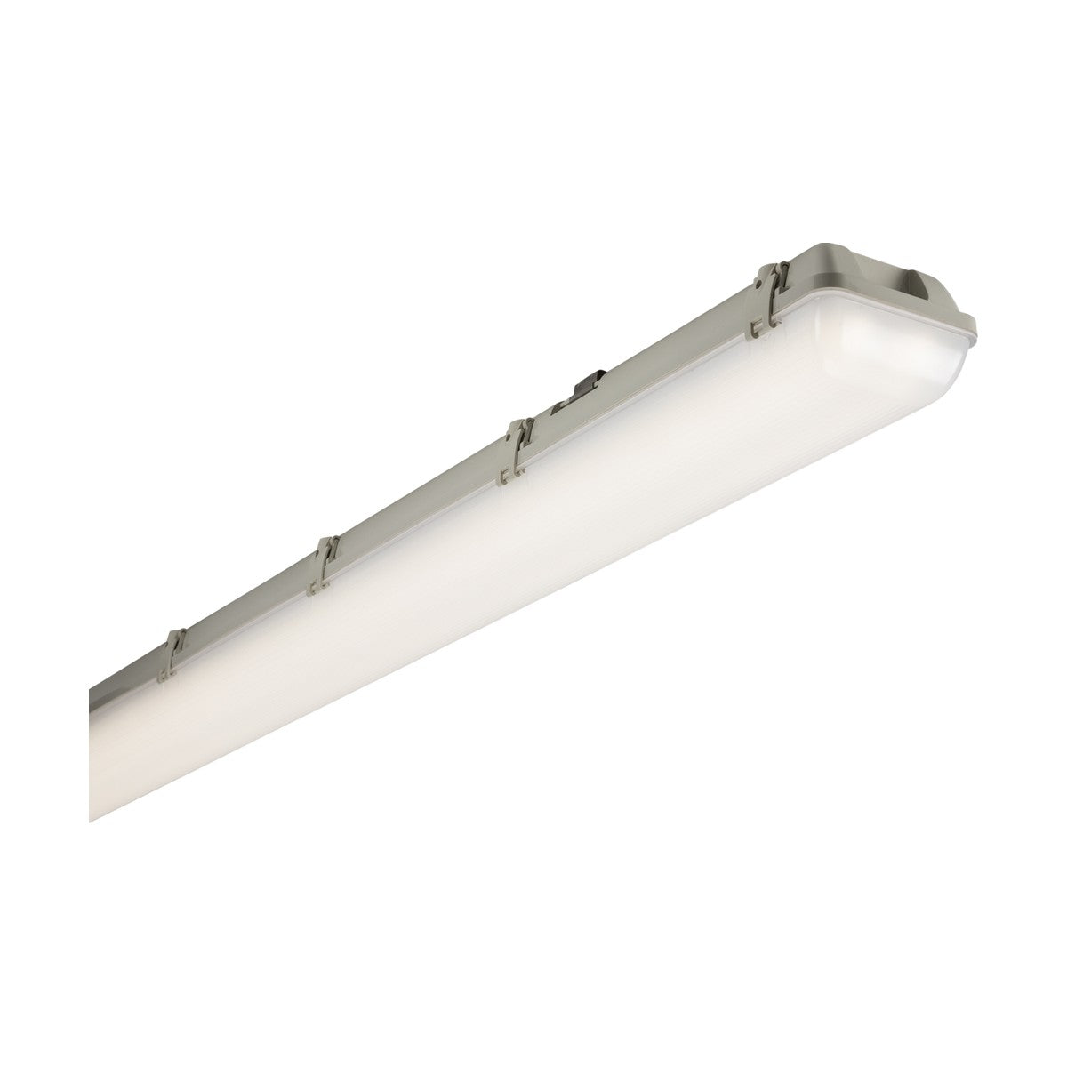 The Twin 6ft 69W LED Non-Corrosive Emergency Batten 6000K IP65 is a long, rectangular light fixture featuring a frosted cover and metal clips. This energy-efficient design is perfect for ceiling or wall mounting and emits a soft, even light suitable for various environments. Rated IP65, it ensures durability in diverse settings.