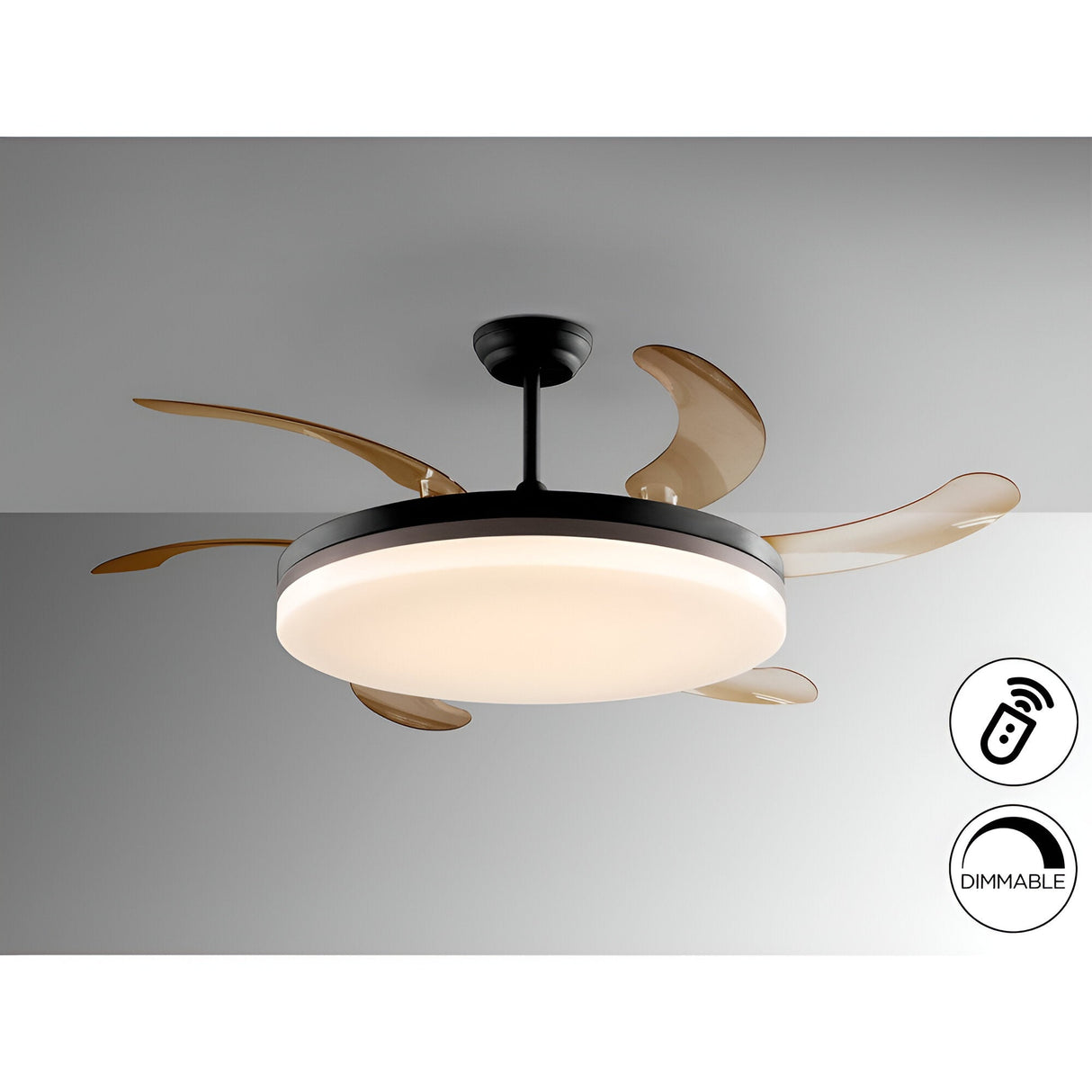 Schuller Vento Maxi ceiling fan light with extended smoke blades, matte black body, bronze ring, opal LED diffuser, remote control and dimmable icons.