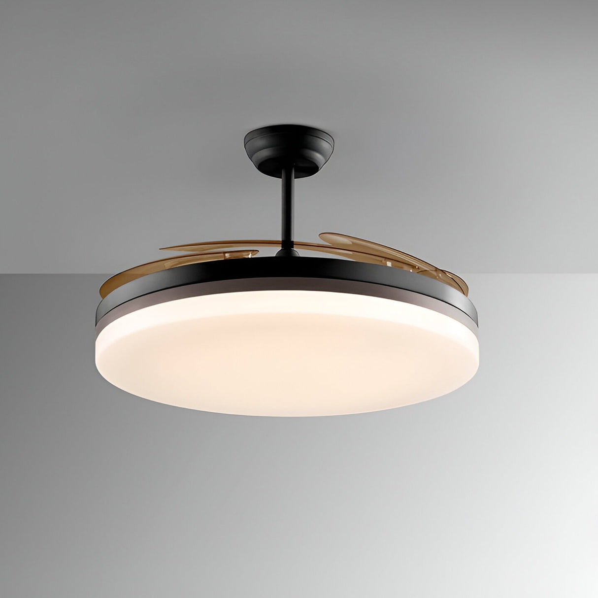Schuller Vento Maxi CCT LED ceiling fan light with retractable smoke-toned blades, matte black housing, bronze accent ring and opal acrylic diffuser.
