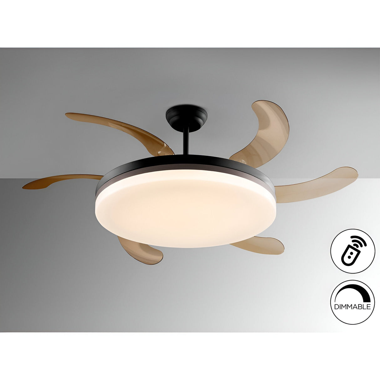 Schuller Vento Maxi ceiling fan light with matte black housing, bronze ring, opal acrylic diffuser and four retractable smoke-toned blades, shown dimmable.