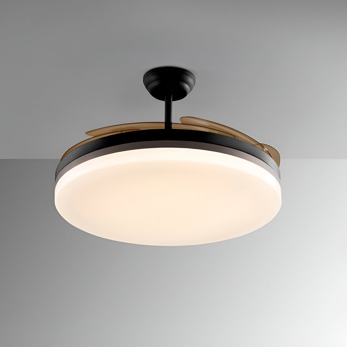 Schuller Vento Maxi CCT LED ceiling fan light with retractable smoke-toned blades, matte black housing, bronze accent ring and opal acrylic diffuser.