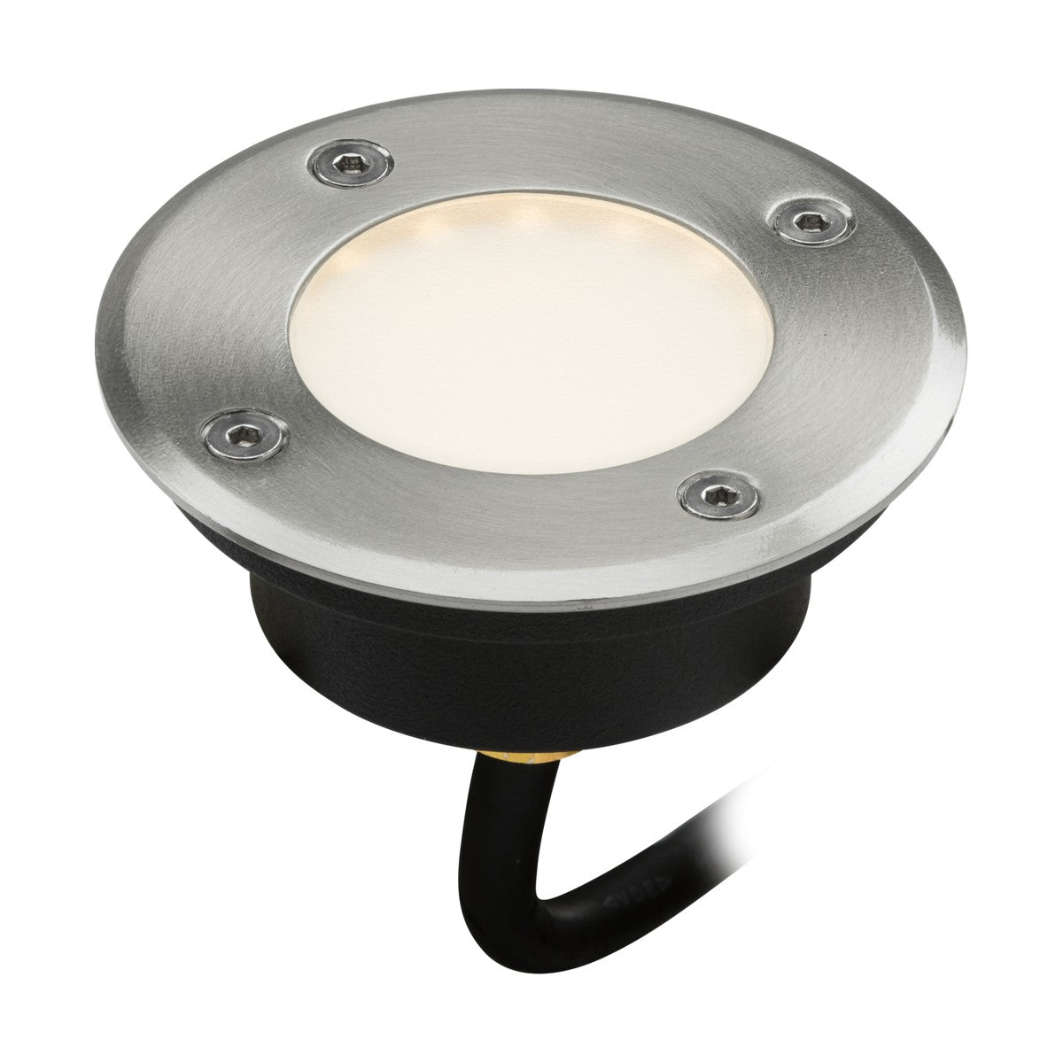 The Outdoor 1.7W LED Deck Light - 3000K is crafted from 316 stainless steel and boasts a circular design with a brushed finish, four visible screws, and emits a subtle warm glow. With an IP65 rating, it features an attached black cable extending from the base for dependable outdoor illumination.