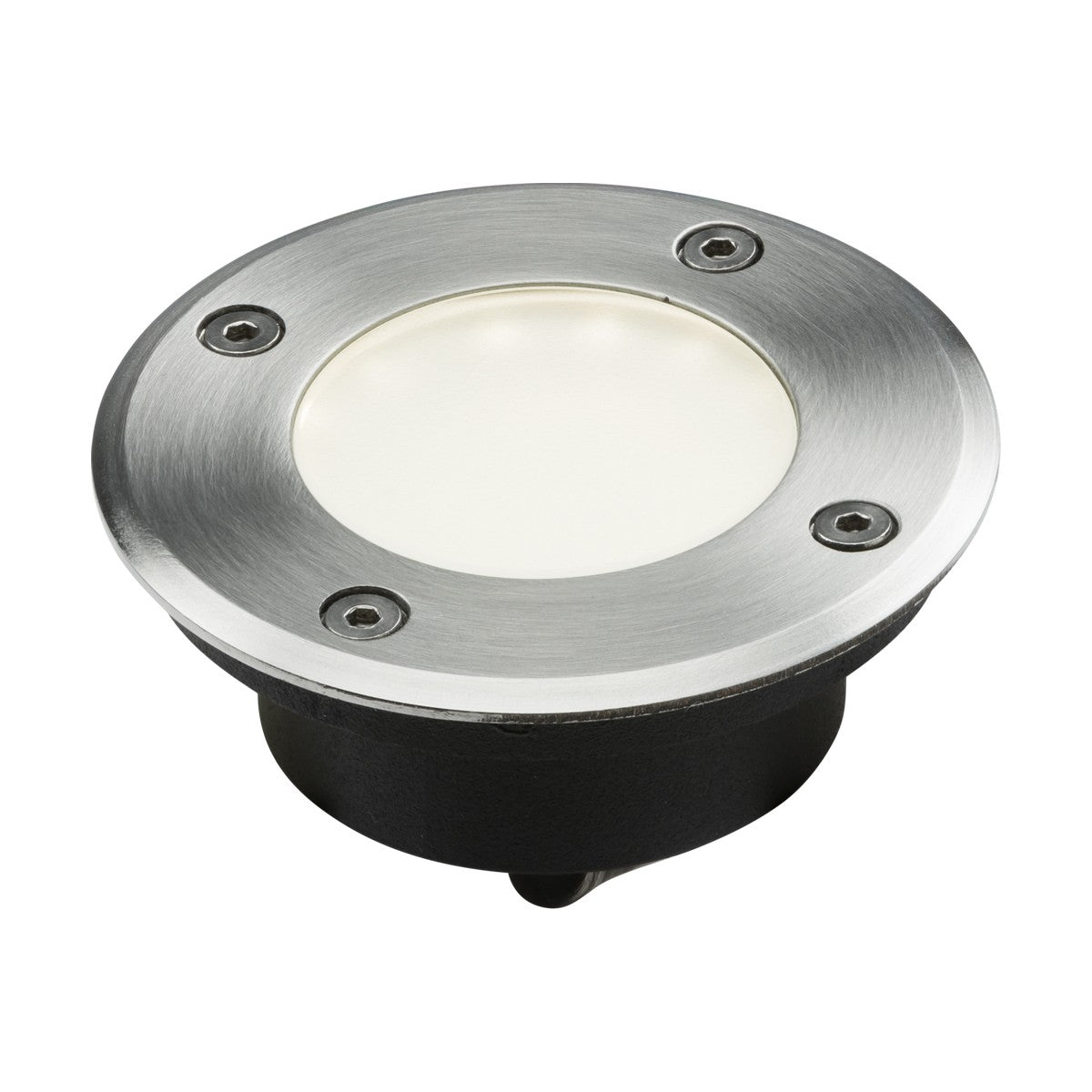 Presenting the Outdoor 1.7W LED Deck Light - 4000K, a round fixture crafted with a stainless steel exterior and a frosted glass surface. This light includes four visible screws around its edge, complemented by a black base, and boasts an IP65 rating for reliable outdoor illumination.