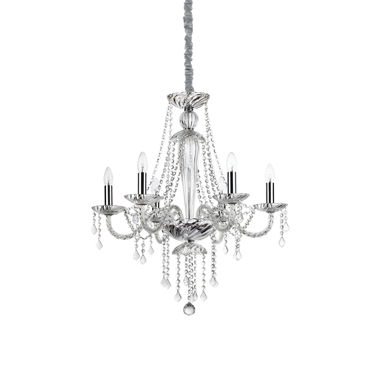 A luxurious Breeze-2 Crystal 6 Light Chandelier in chrome, featuring six ornate arms, each holding a bright bulb and adorned with intricate glass crystal ornaments, set against a plain white background.