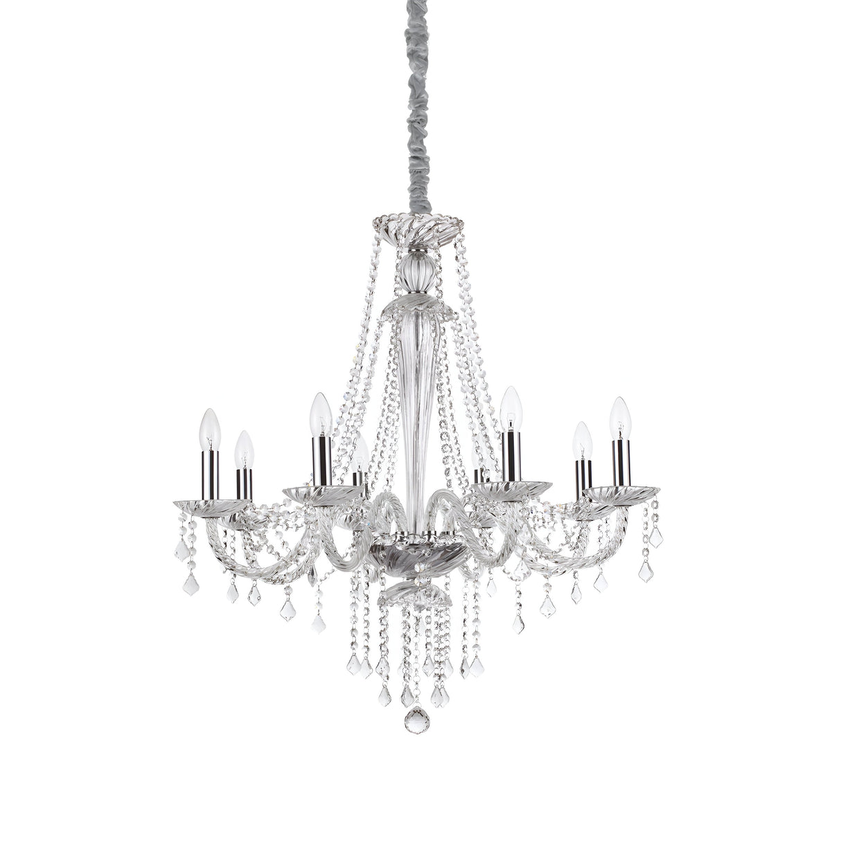 The Breeze-2 Crystal 8 Light Chandelier - Chrome features an elegant design with multiple arms, each supporting a candle-shaped light bulb. It is beautifully adorned with sparkling crystal beads and hanging pendants, all enhanced by a sleek chrome finish that melds modern design with its luxurious and classic appearance.