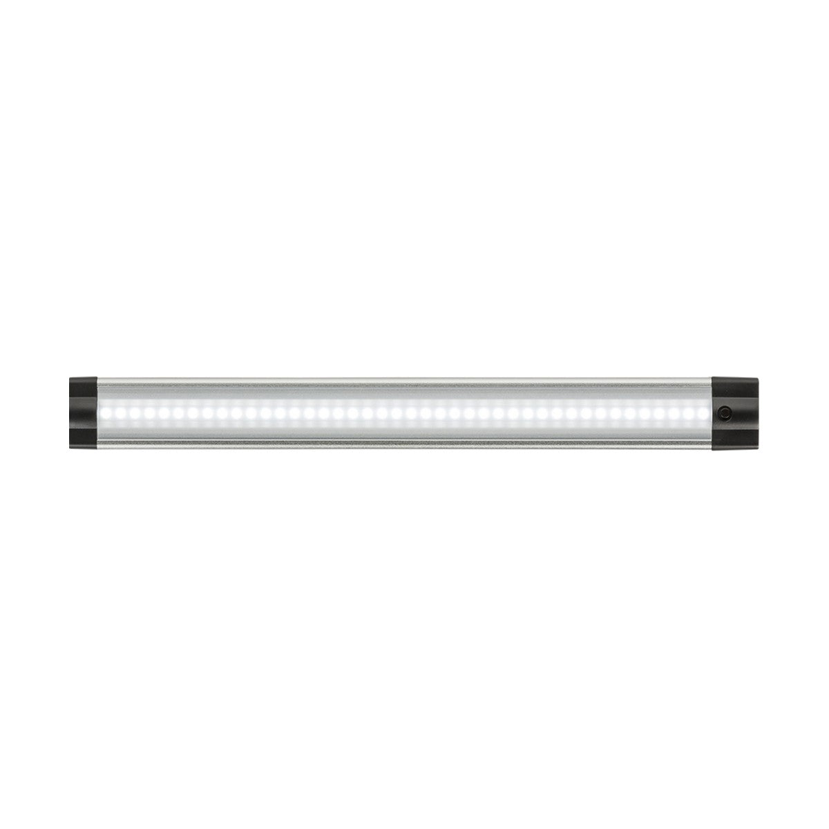 The 24V 3W Linkable LED Strip Light 6000K - 31cm boasts a sleek, cylindrical design and features a row of small, evenly spaced lights. It has black end caps and emits a bright, uniform cool white glow at 6000K.