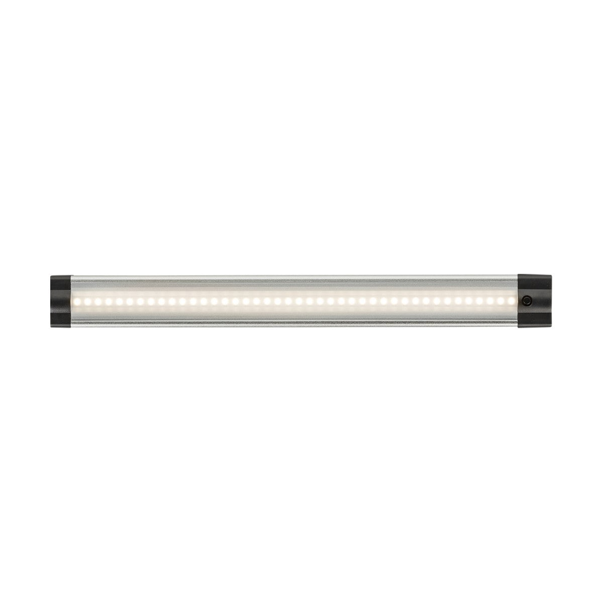 The 24V 3W Linkable LED Strip Light 3000K - 31cm features a metallic finish with warm white, evenly spaced LED bulbs along its cylindrical design. It includes black mounts at both ends for easy installation or attachment, making it perfect for creating a cohesive lighting scheme.