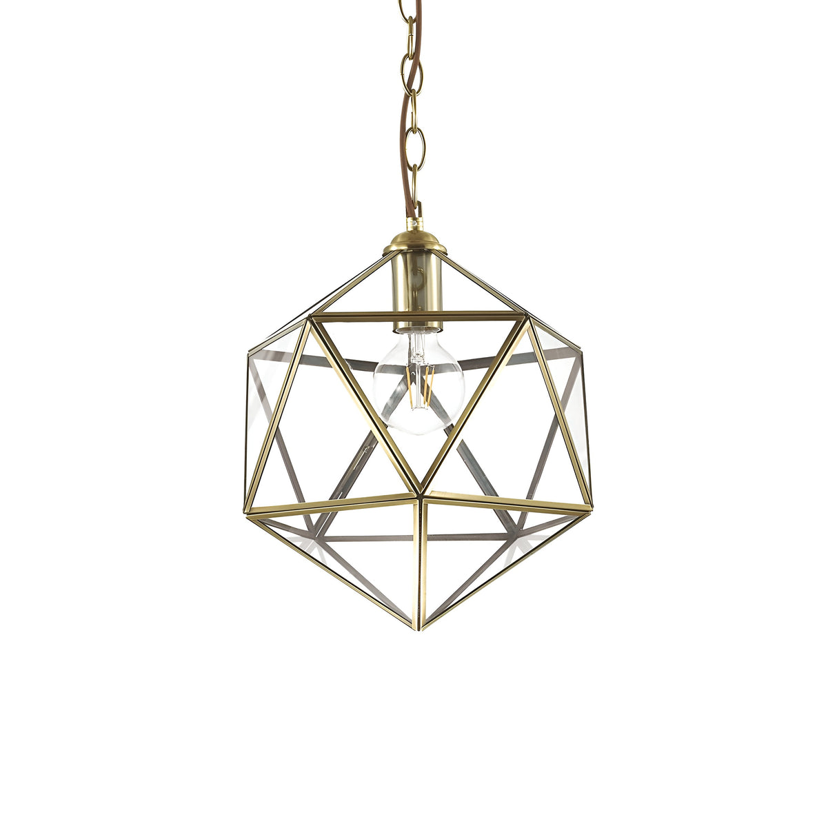The Verdant 1 Light Small Pendant - Brass features a geometric design with a brass-colored metal frame that forms a series of interconnected triangles around a clear glass bulb. Suspended from a chain, it exemplifies modern lighting design, adding an elegant and minimalist touch to any décor.
