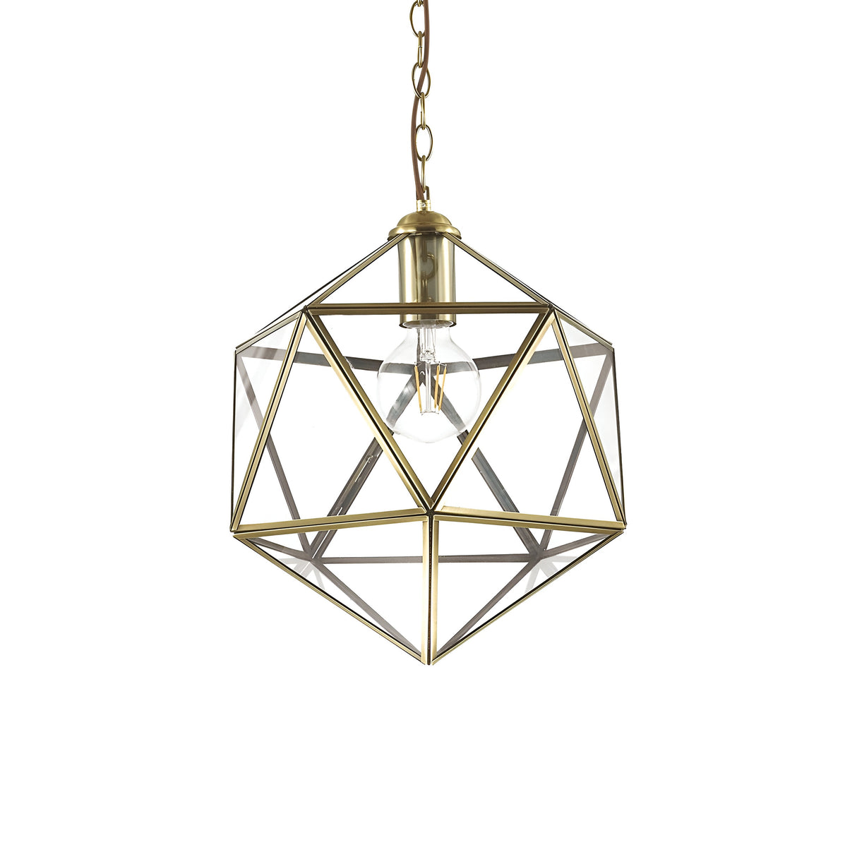 The Verdant 1 Light Large Pendant - Brass features a geometric design with a clear glass bulb encased in a symmetrical metal frame. Its brass finish and matching chain enhance its elegant appearance, bringing sophistication to any space.