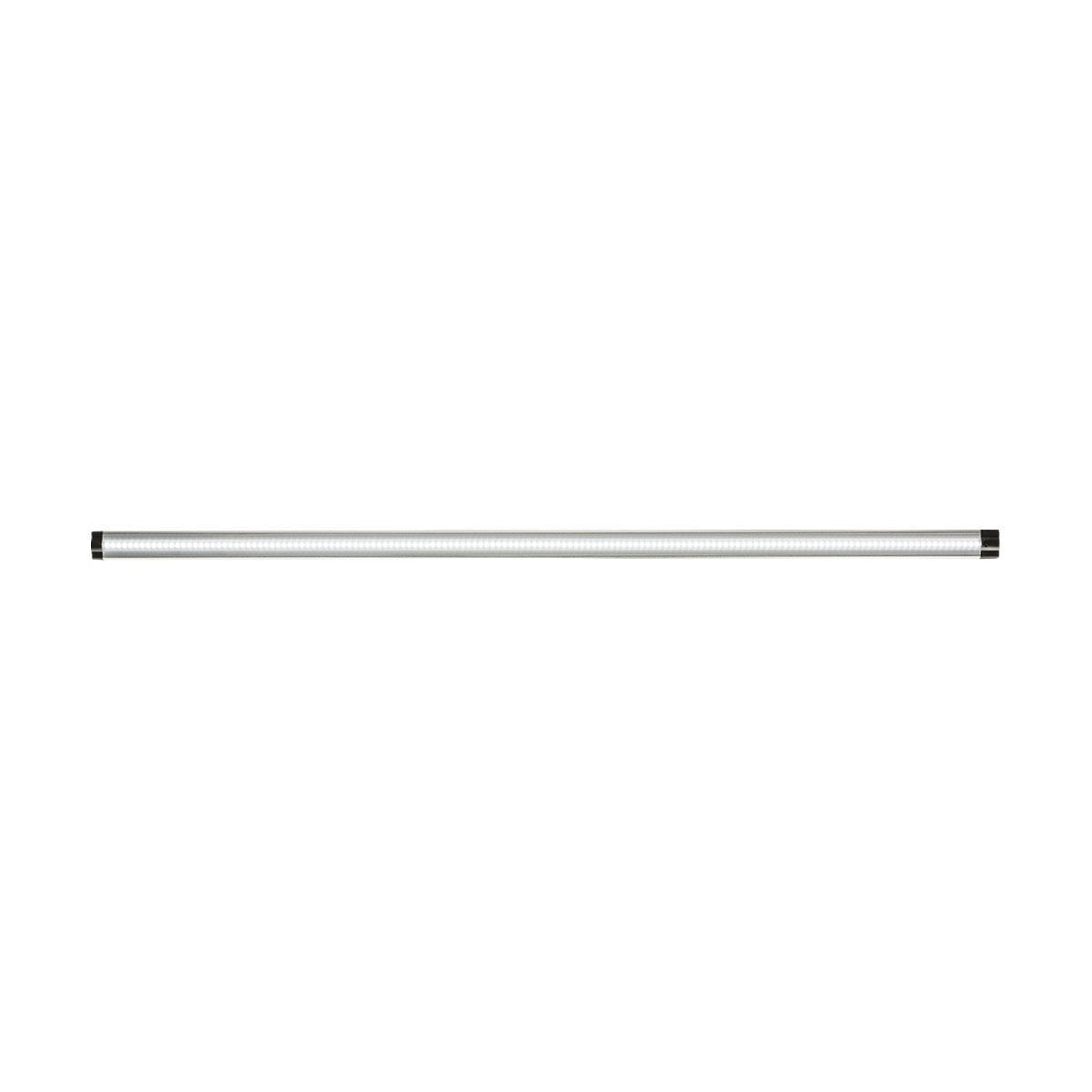 A long, cylindrical LED light bar with a sleek, minimalist design is centered on a white background. This dimmable 24V 11W Linkable LED Strip Light 6000K - 101cm, in cool white, features a slim metallic frame that stands out even when turned off.
