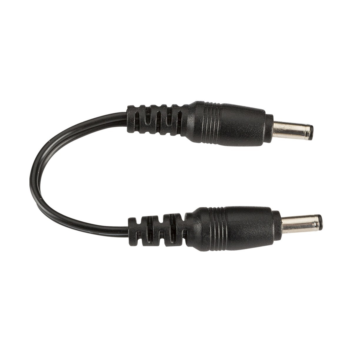 Introducing the 12/24V DC Linking Power Lead for LED Striplights - 10cm: a compact black cable equipped with identical connectors at each end, metal tips, and ergonomically designed black plastic grips with ribbed patterns for effortless handling. It's an ideal choice for connecting strip lights smoothly.