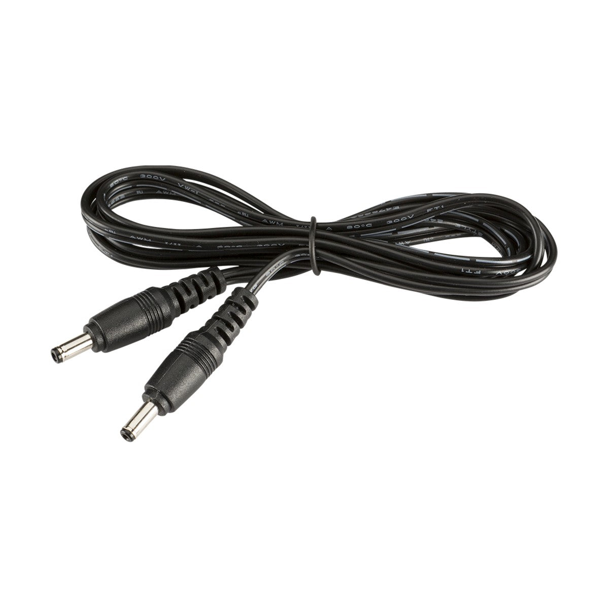 A neatly coiled 100cm black DC power cable designed for 12/24V systems, with two identical connectors at each end, ideal for efficiently powering LED striplights.