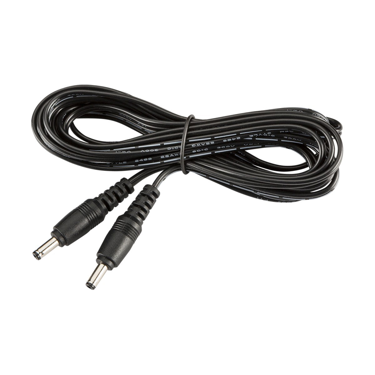 A 12/24V DC Linking Power Lead For LED Striplights in a coiled black design, perfect for striplights, featuring two identical plugs at each end and neatly held together with a twist tie.