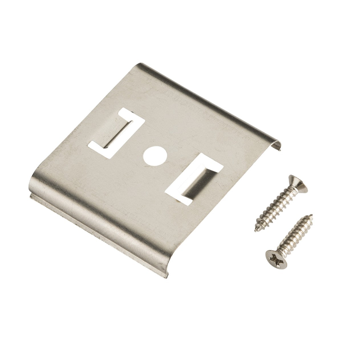 The Metal Mounting Clip With 2 x Screws for Flat LED Strip is a compact stainless steel bracket with a rectangular design. It includes a circular hole at the center and two rectangular cutouts on the sides, ideal for installing an LED strip under cabinet lighting. The clip is pictured alongside its two accompanying screws on a plain white background.