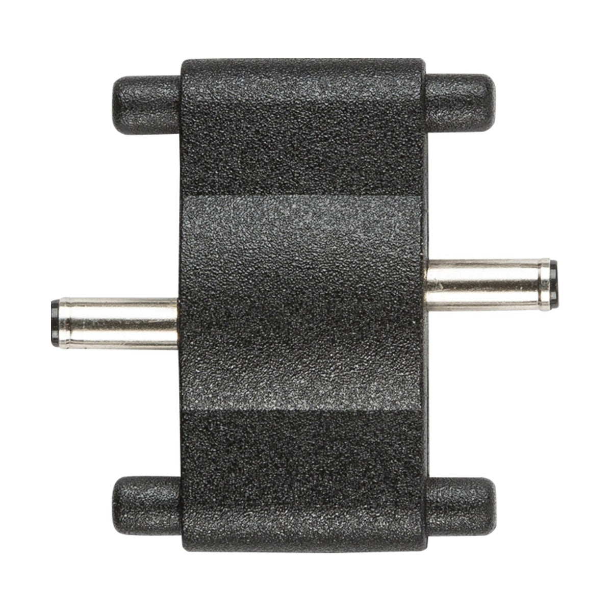 Product Description: The 24V DC PVC Connector for LED Linkable Flat Striplights is a black adapter featuring two cylindrical metal prongs extending from each side. Designed for electrical or audio connections, this versatile connector is displayed from above against a white background, making it perfect for integrating with strip lights.