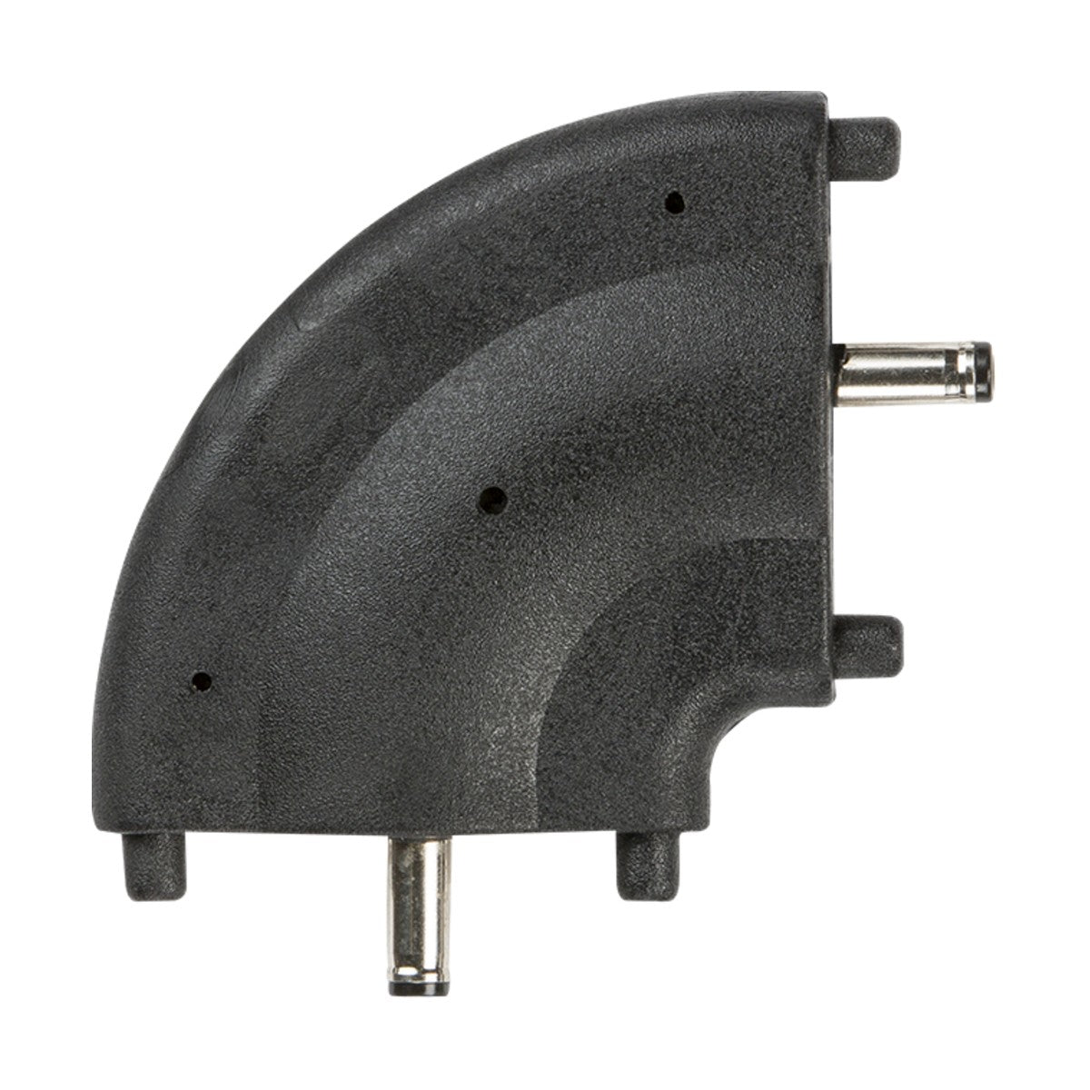A black right-angled adapter made of PVC and metal, showcasing a curved top edge and multiple prongs, specifically designed for LED linkable flat striplights.