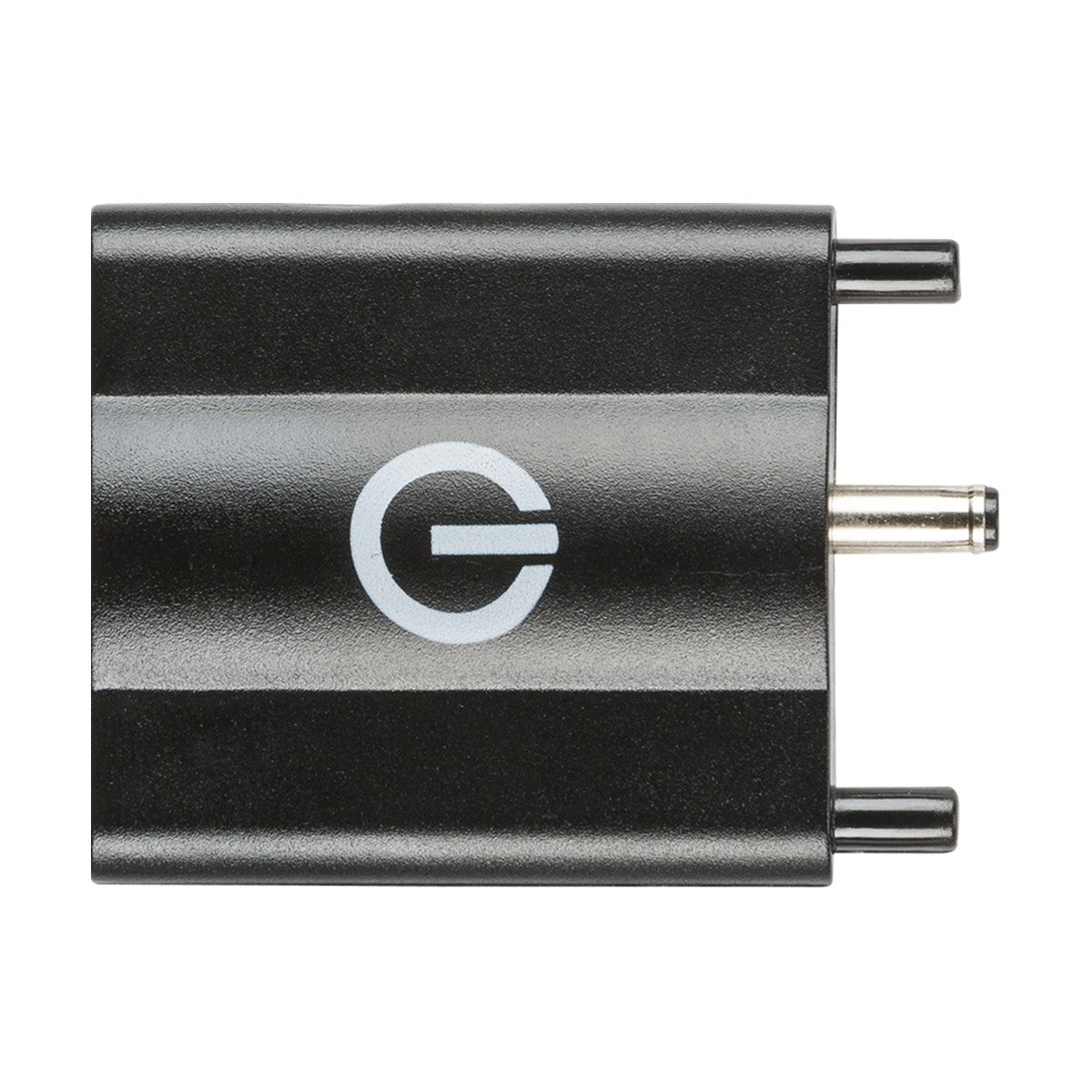 The 24V DC Touch Dimmer for LED Linkable Flat Striplights is a black cylindrical adapter featuring silver prongs on each end and a white circular arrow symbol in the center. Its integrated memory function ensures that your device configurations are seamlessly retained.