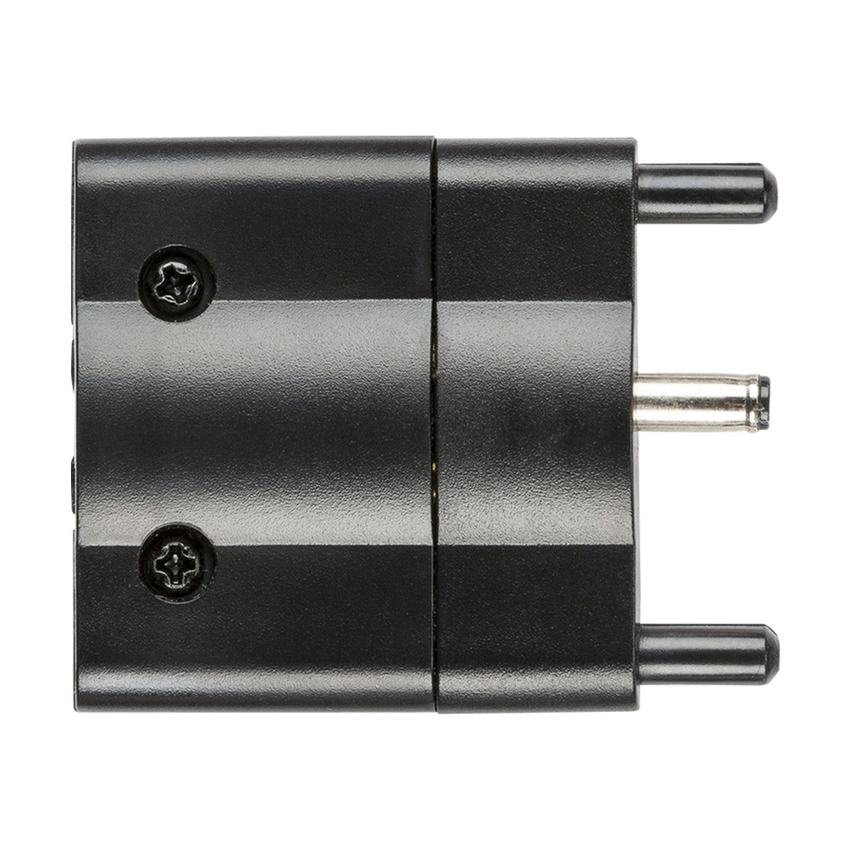 The 24V DC Plug-In Power Connector for LED Linkable Flat Striplights is a black adapter designed for EU-style outlets, featuring two round pins and two screws on its body. Rated IP20 for safety, it ensures that your setup remains stylish and functional against a white backdrop.