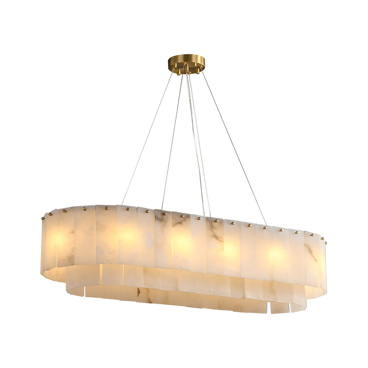 The Arvello 12 Light Layered Panel Alabaster Linear Chandelier features two tiers of soft white alabaster panels, a brass ceiling mount, internal lights, and is suspended by four thin wires.