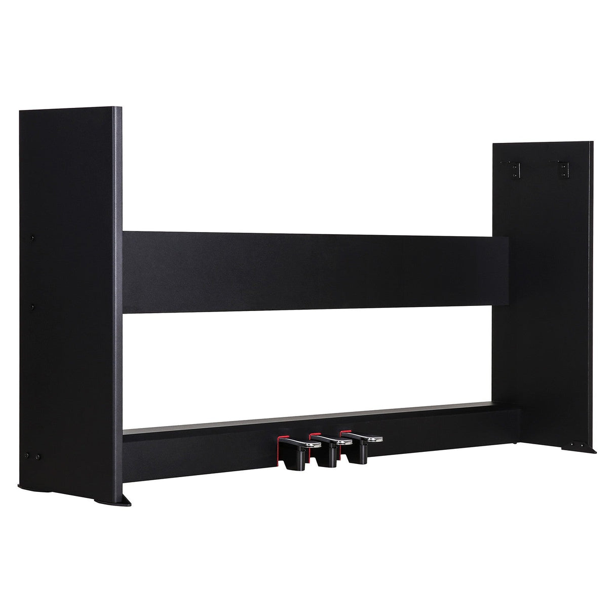 The NU-X Piano Stand for NPK-10 and NPK-20 includes two vertical side panels and a horizontal bar in the middle, with adjustable brackets at the bottom for secure installation, adding a sleek touch to living spaces similar to modern wooden stands.