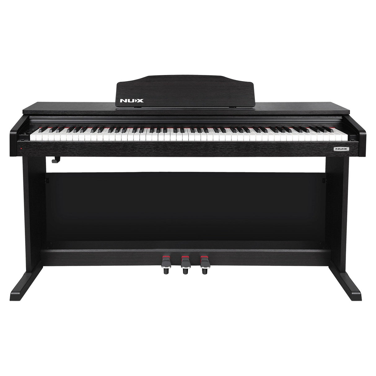 Introducing the NU-X WK-400 Digital Piano: a sleek black instrument equipped with hammer-action keys, a full keyboard, a music stand displaying the prominent NUX brand name, and three foot pedals. Its compact and modern design, along with a USB connection, makes it ideal for both home and studio environments.