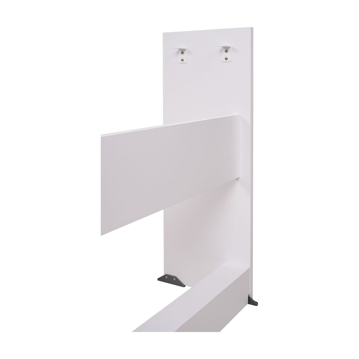 NU-X NPS-1 white wooden stand components for NPK-10 and NPK-20 digital pianos, showing upright side panel with fixings and support rails on a white background.
