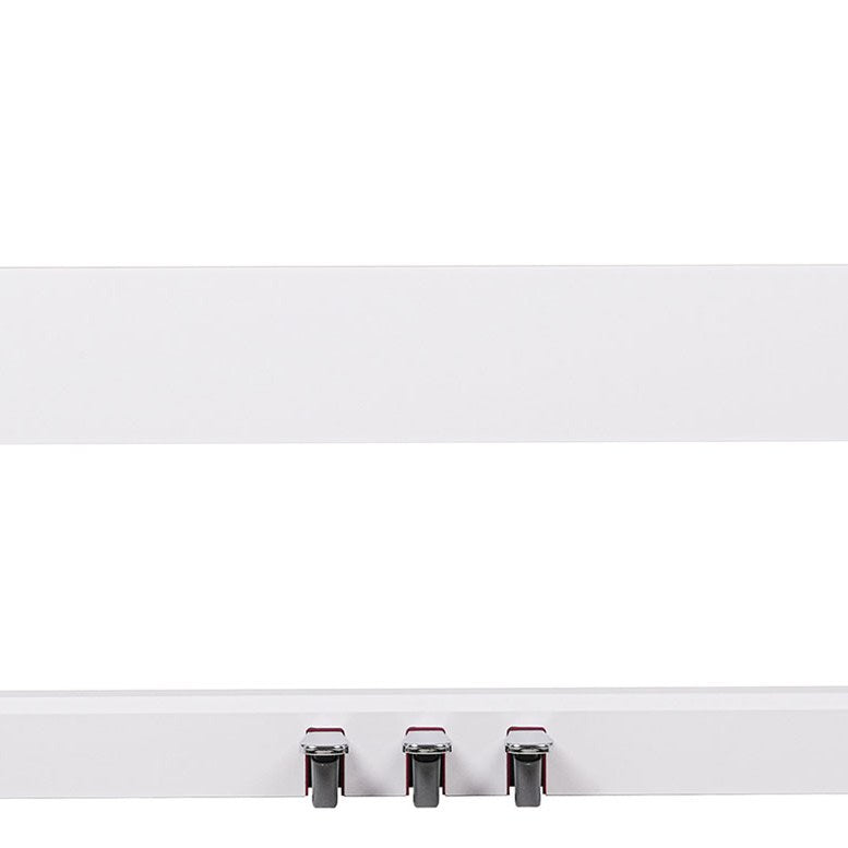 NU-X NPS-1 white wooden piano stand by AVSL, close-up showing the three integral pedals for soft, sostenuto and sustain on a plain background.