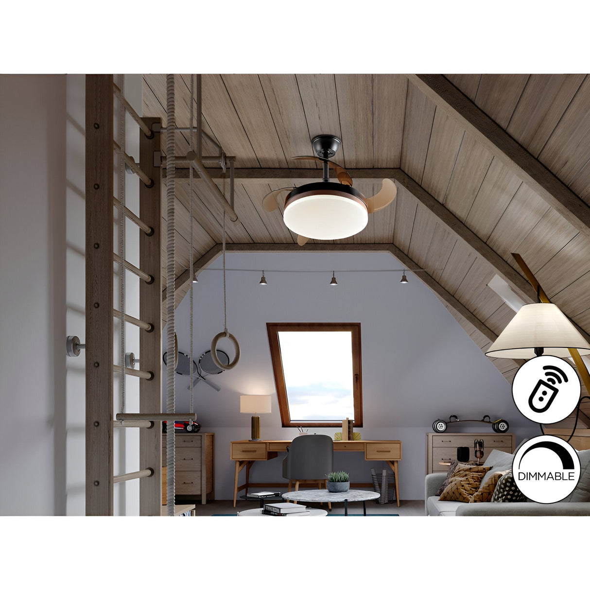 Vento Mini CCT Dimmable LED Ceiling Retractable Fan Light - Black/Brown