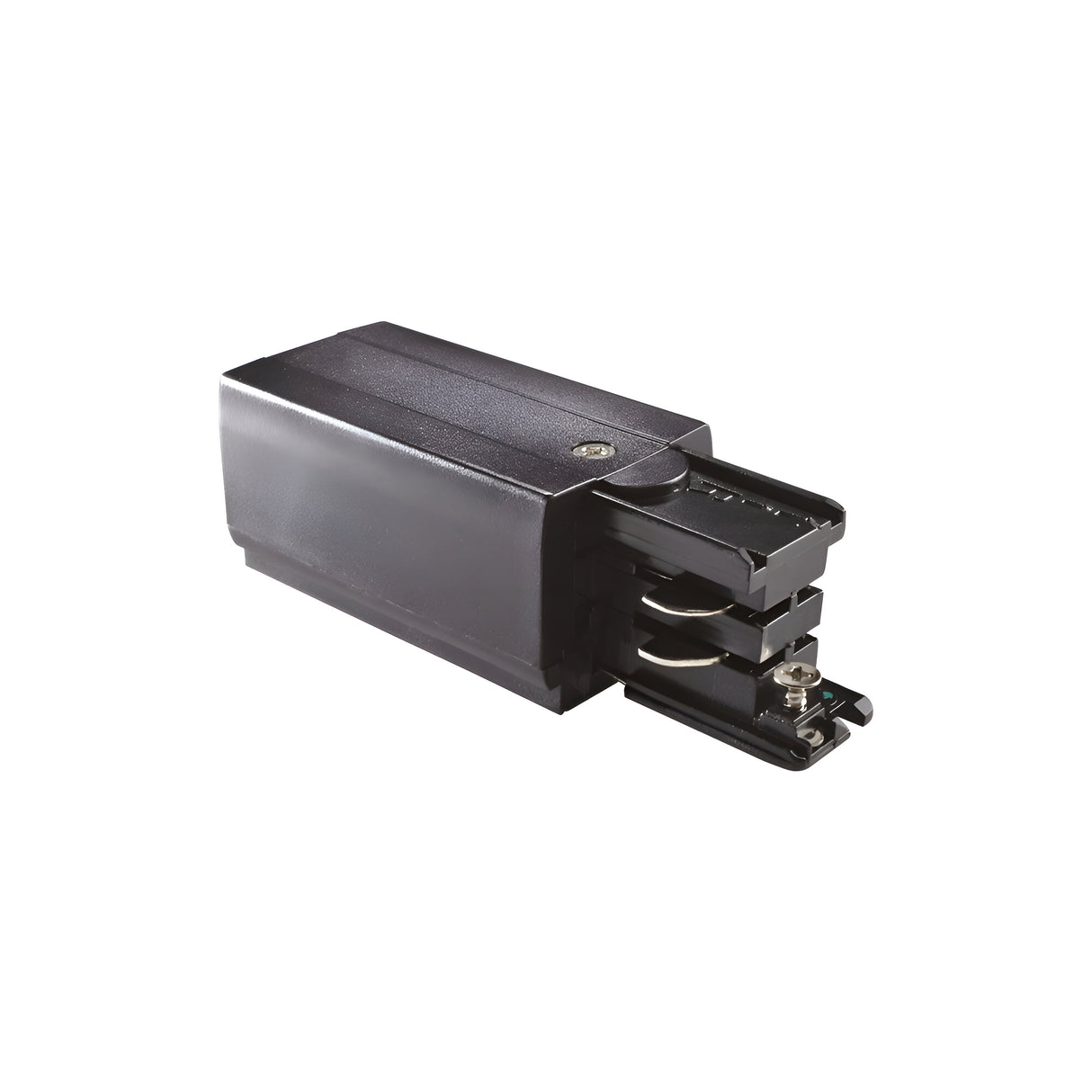 The Brillia 3-Phase Trimless Track End-Right Power Input - On-Off in black is a rectangular device with a small metal screw on top, crafted from plastic and metal. It is designed to seamlessly connect lighting tracks for ceiling installations in 3-phase track lighting systems.